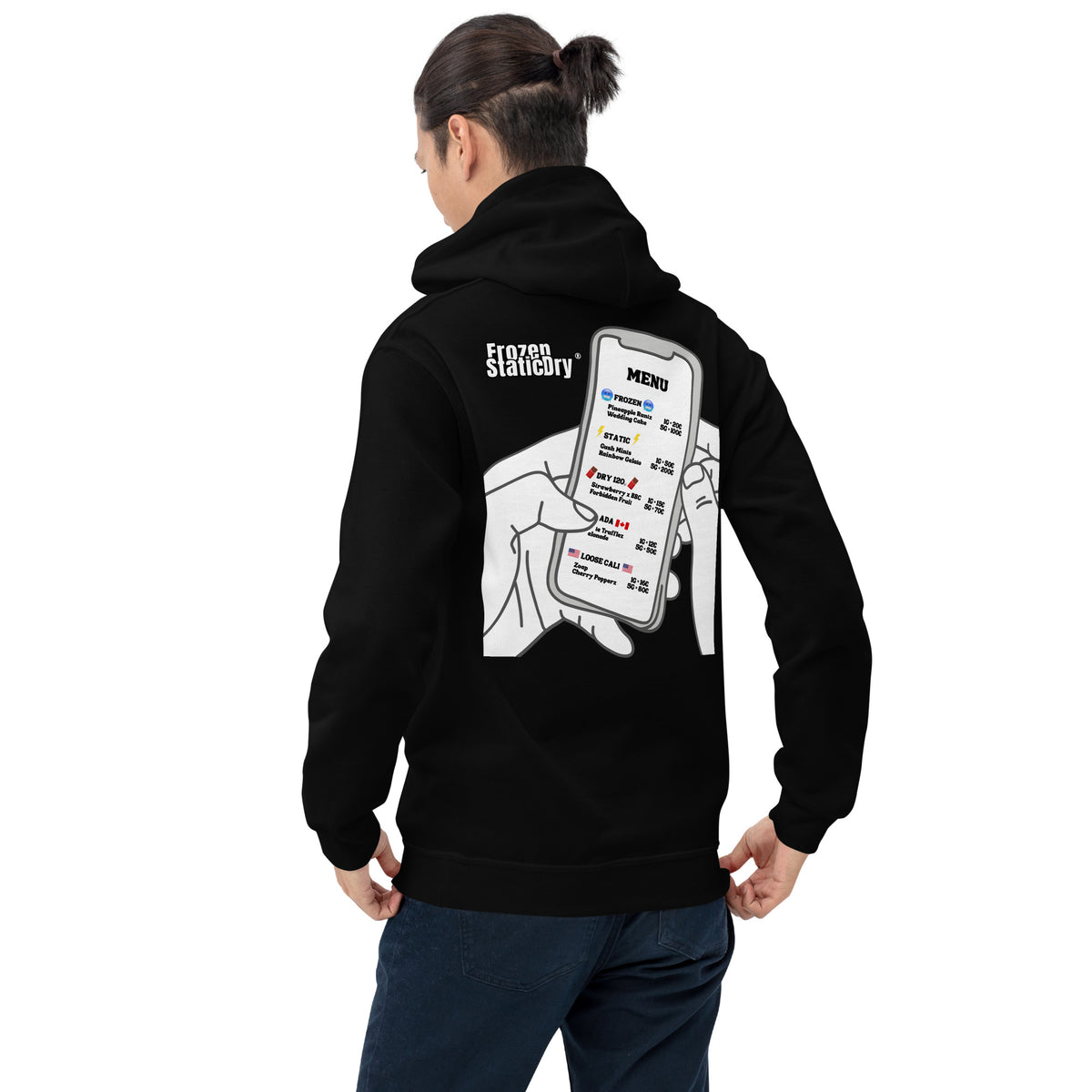 FrozenStaticDry Menu Hoodie classic-line personalisiert schwarz getragen rückansicht