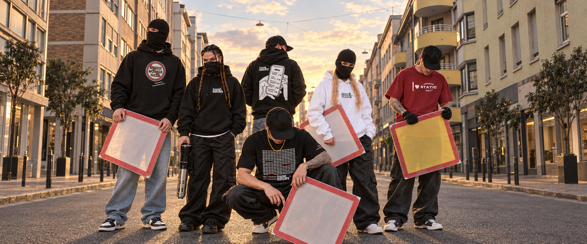 FrozenStaticDry Team mit Siebrahmen  in der Stadt 