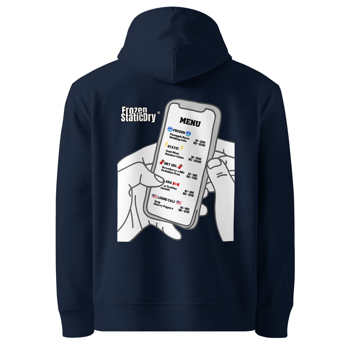 FrozenStaticDry® Unisex Hoodie Menu hinten dunkelblau