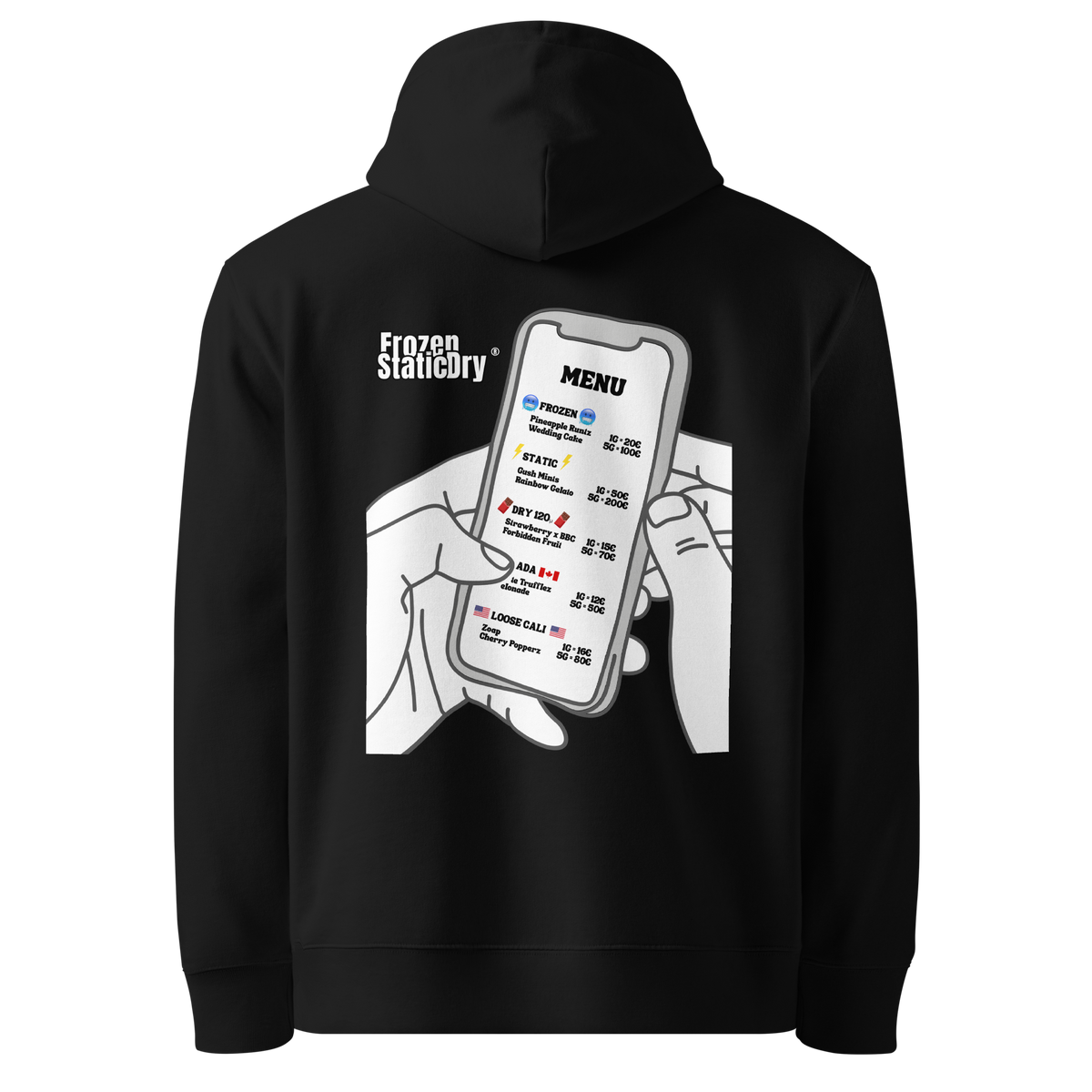 FrozenStaticDry® Unisex Hoodie Menu hinten schwarz titel