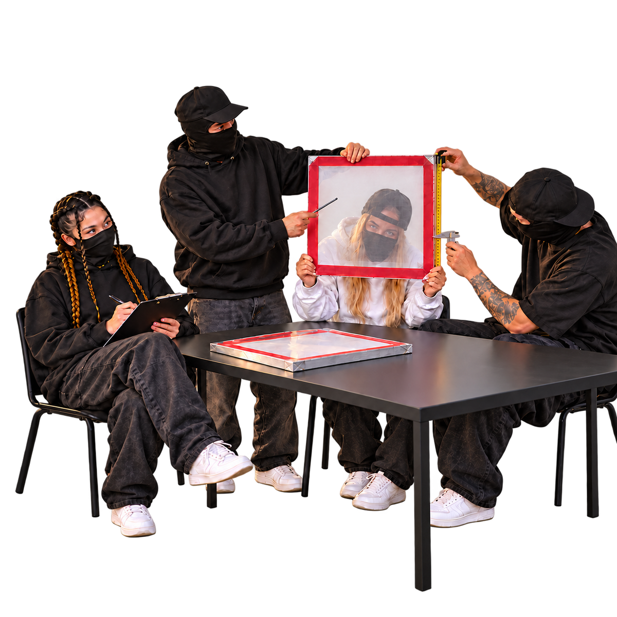 Team am tisch mit Siebrahmen